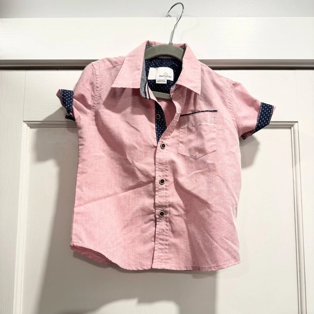 Craft‎ + Flow Toddler Boys Pink Button Up Shirt 3T Contrast Sleeve Turnup Easter